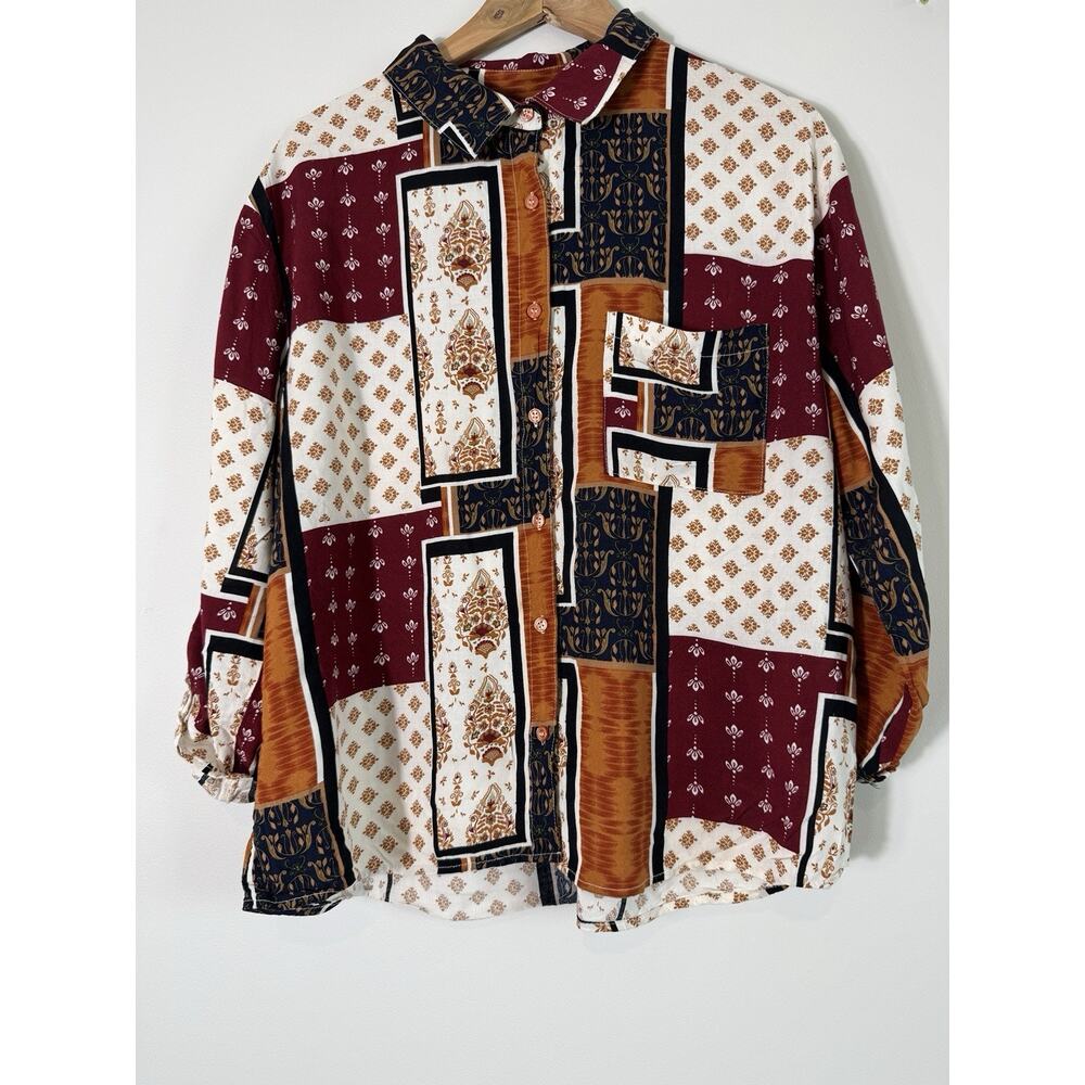 Tru Self Women's Shirt Blouse Mixed Patterns Patchwork Button Front Size XL - Picture 3 of 12